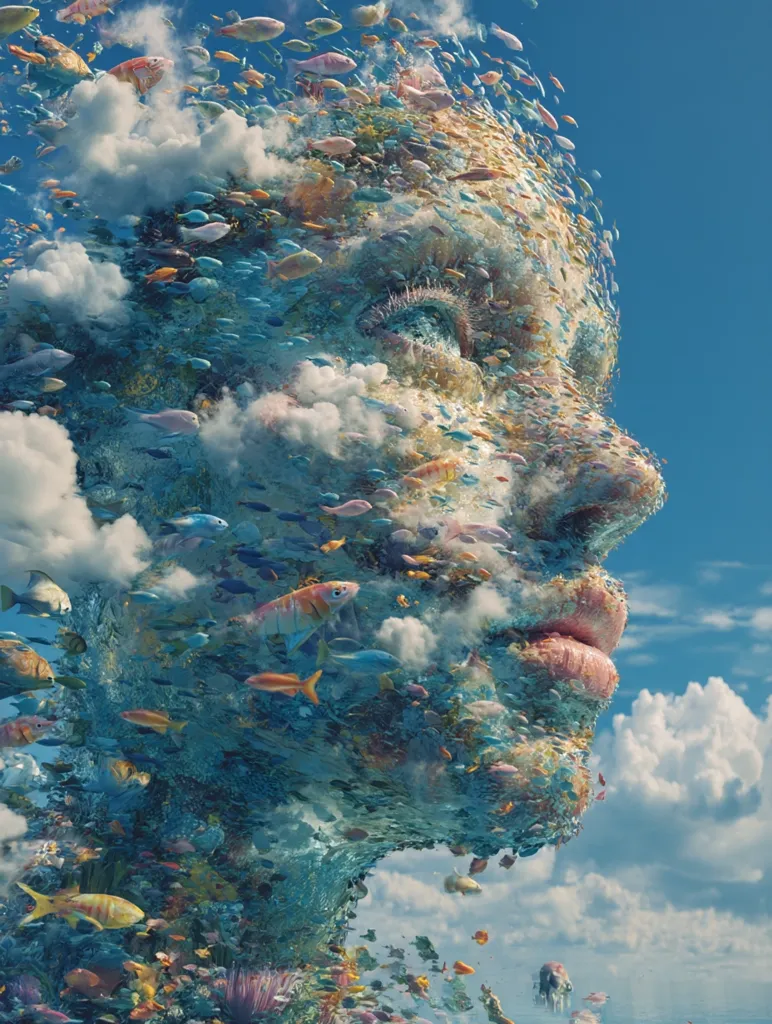 A surreal digital artwork depicts a profile of a face composed of ocean and sky elements.  Colorful fish and coral swarm around the face, interspersed with fluffy clouds, creating a dreamlike blend of marine life and atmospheric textures. The image's vibrant colors and detailed textures evoke a sense of wonder and interconnectedness between nature and the human form. The sky is a clear, bright blue with fluffy white clouds.