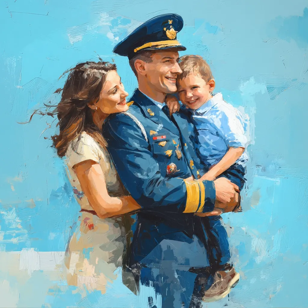 A vibrant, impressionistic painting depicts a military family. A father in a crisp blue uniform embraces his wife and young son.  The wife, in a light-colored dress, holds onto her husband's arm. The son, nestled in his father's arms, smiles brightly. The light blue background adds a sense of airy joy and freedom. The style is painterly, with visible brushstrokes contributing to a feeling of warmth and affection.