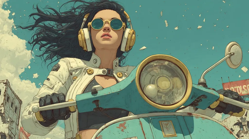 A stylish woman with long black hair, wearing round sunglasses and headphones, sits on a teal vintage scooter.  Her white jacket and black gloves contrast against the worn paint of the vehicle. Papers flutter in the sky above a partially ruined cityscape in the background. The illustration is rendered in a vibrant, slightly retro style.