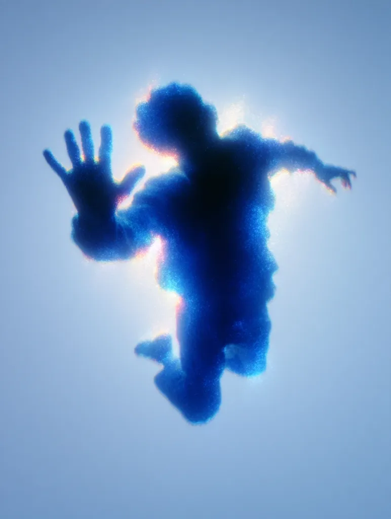 A blurry, blue figure of a person is depicted mid-jump, arms outstretched.  The silhouette is indistinct, appearing as though composed of small particles, giving a hazy, ethereal effect.  The background is a light, muted blue, enhancing the figure's prominence. The overall impression is one of movement, freedom, or perhaps even transcendence.