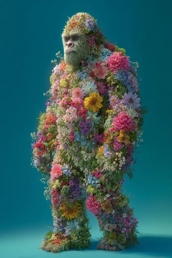 A majestic gorilla, seemingly composed entirely of vibrant wildflowers and foliage, stands against a teal backdrop.  Various blossoms, from delicate forget-me-nots to bold sunflowers, create a stunning floral tapestry across its form. The gorilla's face, though partially obscured, retains a serene expression.  The image is a striking example of digital art or photo manipulation, blending the natural world with a fantastical creature.