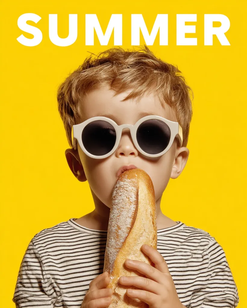 A toddler with blonde hair, wearing white sunglasses, bites into a long baguette against a bright yellow background.  The word "SUMMER" is displayed above the child. The image evokes a carefree, summery feeling, possibly for advertising or a summer-themed campaign. The child's expression is one of innocent enjoyment.