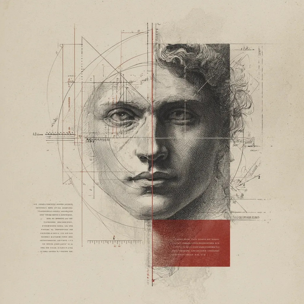 The artwork is a meticulously detailed composition featuring a classical-style portrait of a man's face, bisected and overlaid with geometric lines and diagrams reminiscent of Renaissance-era anatomical studies and engineering blueprints.  The monochromatic palette, predominantly shades of gray and sepia, enhances the vintage aesthetic.  Text fragments in an indiscernible language, and a red rectangular block containing further text, add a layer of cryptic intrigue. The overall effect is one of intellectual curiosity and artistic precision.