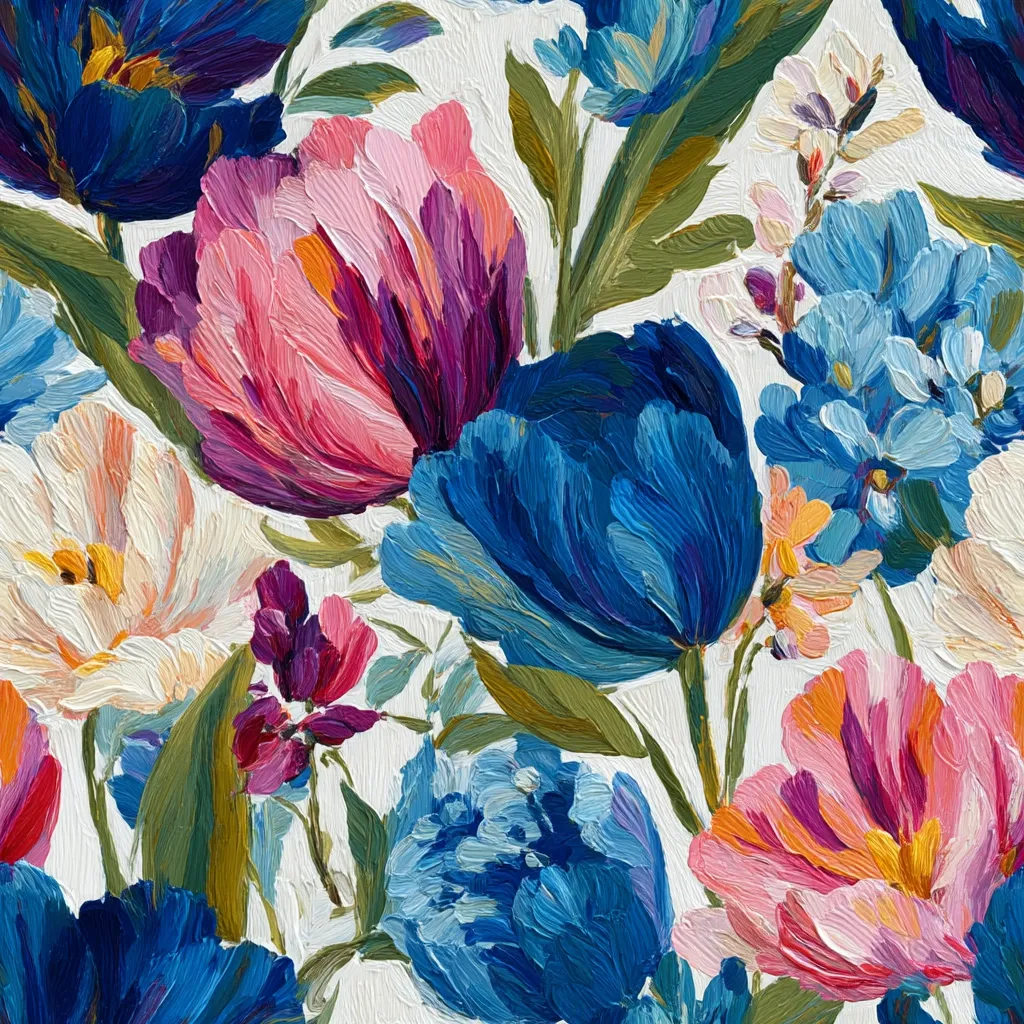 A vibrant oil painting showcases a profusion of flowers in bold hues.  Pink, purple, and white tulips are interspersed with deep blue blossoms and smaller, brightly colored accents.  The thick, visible brushstrokes create a textural, almost three-dimensional effect, enhancing the painting's lively and energetic composition.  The creamy white background allows the floral colors to pop, creating a visually stunning and dynamic piece.