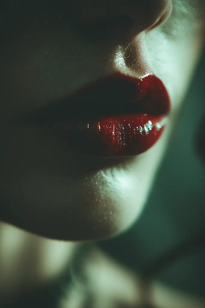 Close-up of a woman's lips, painted a deep, glossy red.  The image is darkly lit, emphasizing the texture of the skin and the rich color of the lipstick.  Only a portion of her face is visible, focusing attention on the sensual curve of her mouth.  The overall mood is moody and intimate.