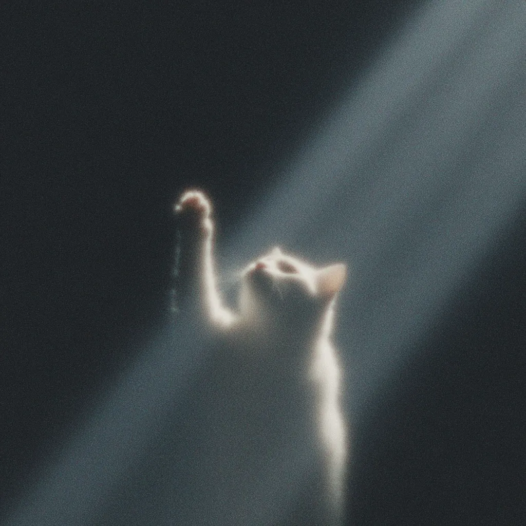 A white cat is captured in a soft, ethereal image.  Bathed in a beam of sunlight, the feline appears almost translucent, its form slightly blurred.  One paw is raised, giving a sense of playful reaching or supplication. The dark background contrasts sharply with the bright light illuminating the cat, creating a mystical and serene atmosphere.  The overall effect is dreamlike and calming.