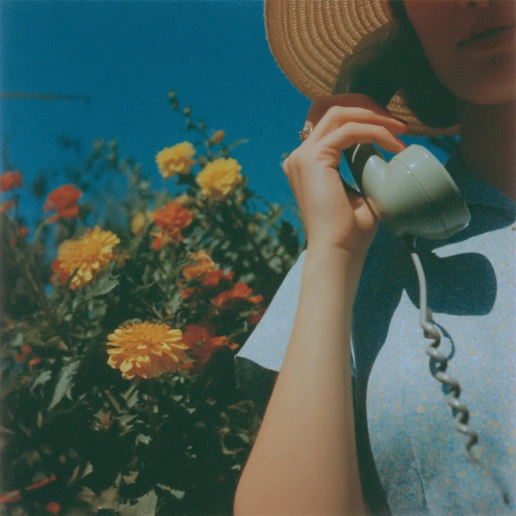 A woman, wearing a straw hat and light blue dress, holds a vintage rotary phone to her ear.  She's positioned against a vibrant backdrop of blooming yellow and orange flowers under a bright blue sky. The image evokes a nostalgic, summery feel, with a focus on the woman's arm and hand delicately holding the phone. The sunlit scene creates a warm and slightly faded aesthetic.