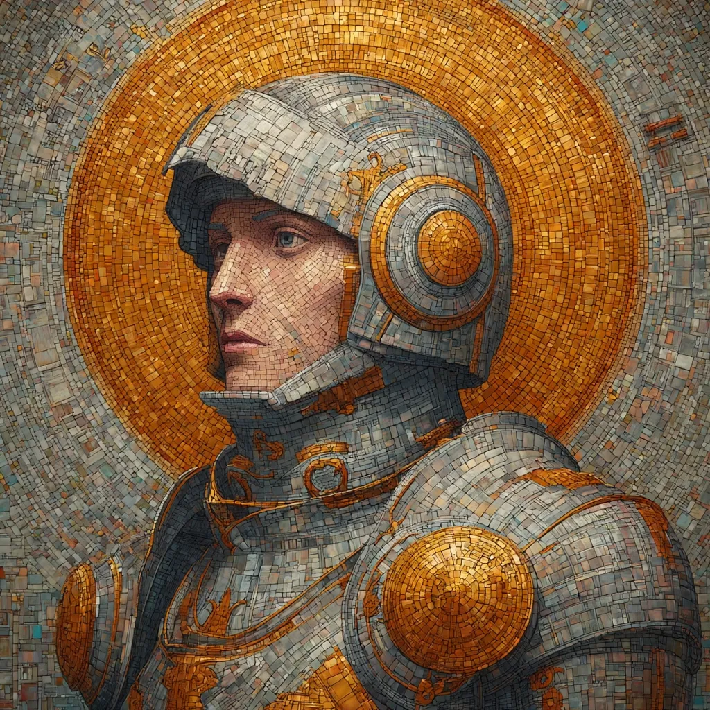 A mosaic artwork depicts a figure in futuristic armor, reminiscent of a medieval knight.  The helmet is sleek and technological, yet the armor displays ornate details.  The face is serene, and the overall style blends a classical, almost saint-like, presentation with a science fiction aesthetic.  The background features a radiant, sun-like halo of golden tesserae, contrasting with the grey and gold tones of the figure.