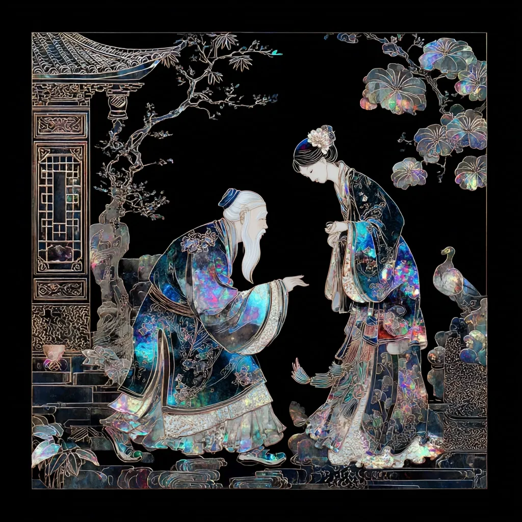 A meticulously crafted Chinese mother-of-pearl inlay depicts a scene of a scholarly elderly man, bowing respectfully to a young woman in elegant attire. They stand within a tranquil garden setting, accented by delicate flowering trees and traditional Chinese architecture. The iridescent mother-of-pearl creates a stunning visual effect, highlighting the intricate details of their clothing and the surrounding environment.  A bird is subtly included in the background, adding to the serene atmosphere of the artwork.