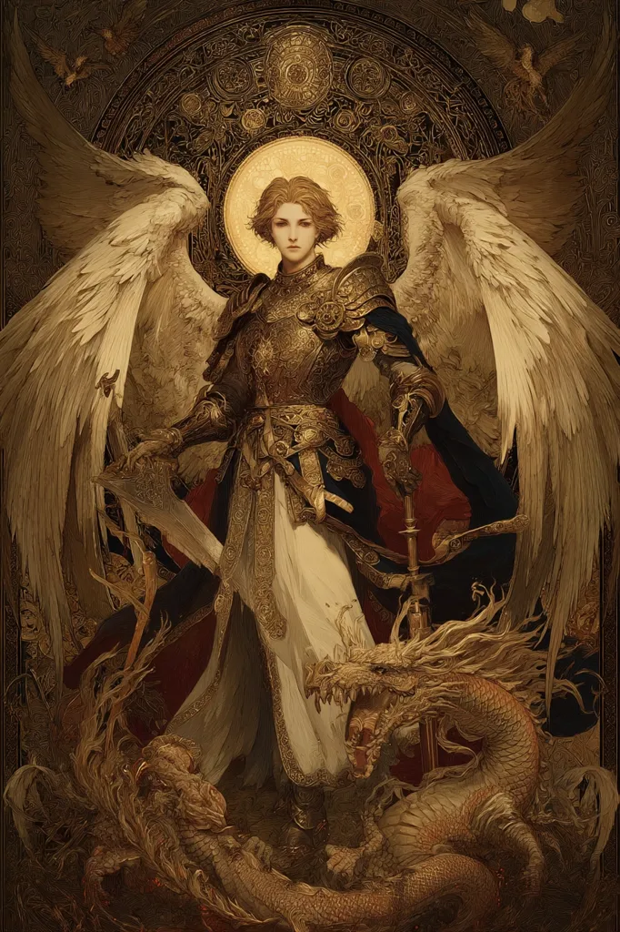 A majestic angel, adorned in ornate gold armor and flowing robes, stands with large, feathered wings.  A halo surrounds their head, and they hold a long staff or sword. Below, a golden dragon writhes, its scales shimmering. The background features intricate, golden detailing, creating a rich, heavenly scene. The overall style is reminiscent of classical religious art with a fantasy twist.