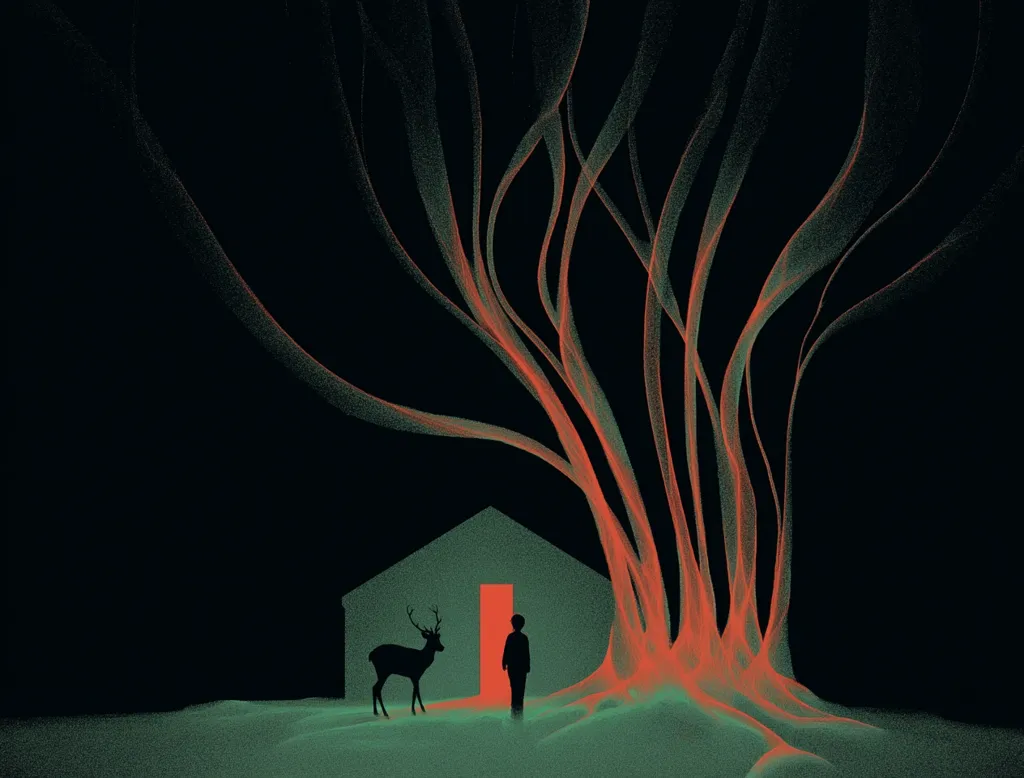A stylized illustration depicts a solitary figure standing before a small house with a red door.  A deer stands nearby.  The scene is dominated by a large, abstract tree with flowing, fiery-red branches against a dark background.  The overall mood is mysterious and somewhat melancholic. The image evokes a sense of isolation and perhaps a journey's end.