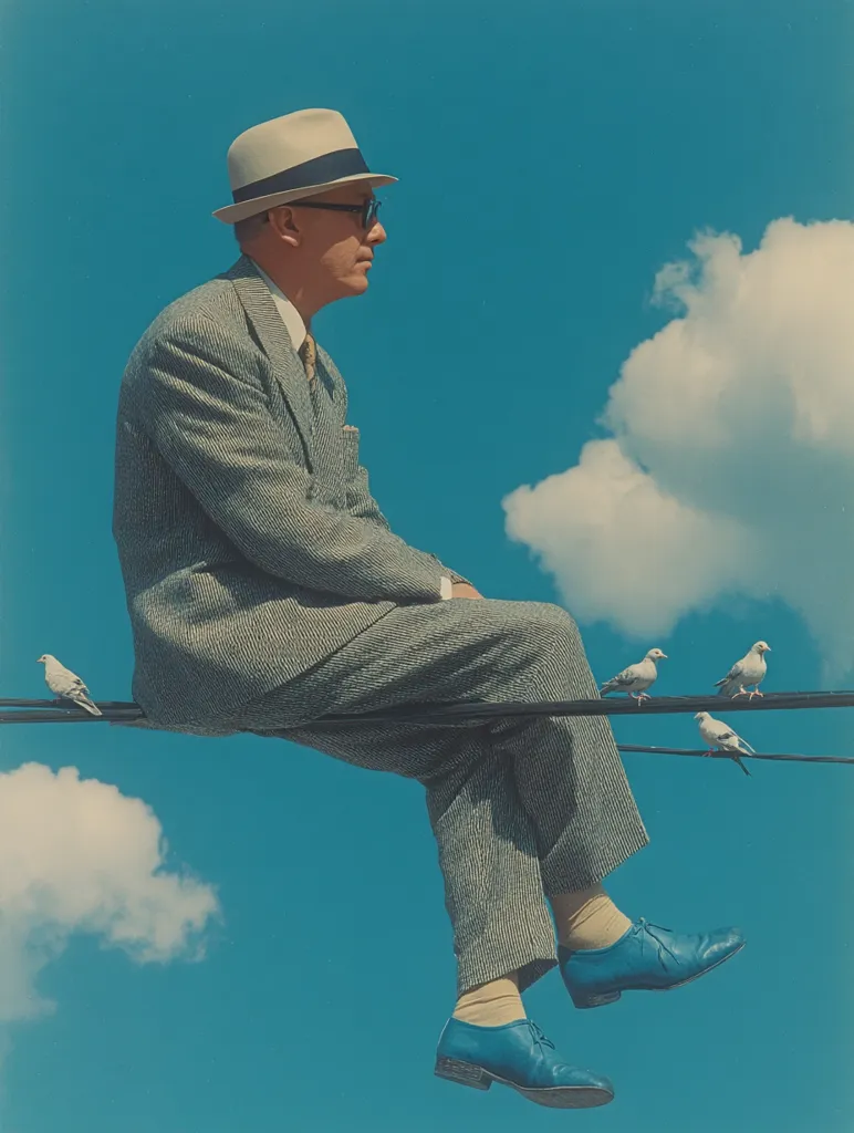 A man in a light grey suit and a straw hat sits perched on a wire against a vibrant blue sky dotted with fluffy white clouds.  He wears blue shoes and socks, and several white birds are also on the wire. The scene is surreal and whimsical, suggesting a sense of calm contemplation. The man's profile is visible, and he appears to be looking off into the distance.