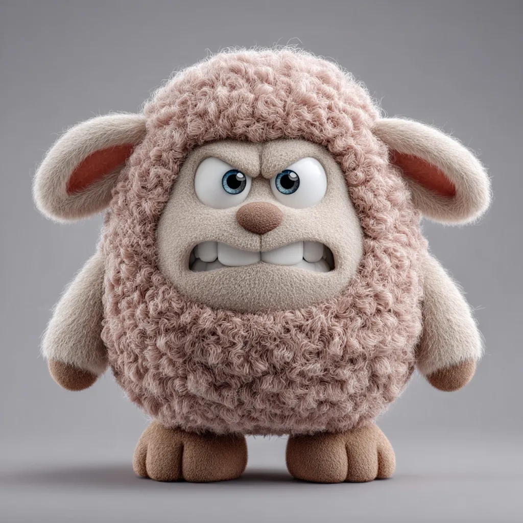 A 3D-rendered image depicts a fluffy, cartoon sheep with an angry expression.  Its eyes are narrowed, and its teeth are bared in a snarl. The sheep's fur is light brown, and its body is round and plump. The overall style is cute, yet menacing, creating a humorous contrast.  The background is a simple, neutral gray.