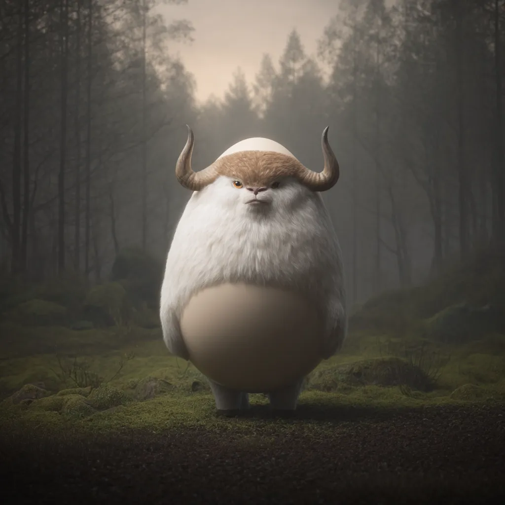 A surreal digital rendering depicts a fluffy, ovular creature resembling a yak or sheep, with large, curved horns.  It stands in a misty, moss-covered forest, its egg-like body contrasting with its furry top half and intense gaze. The atmosphere is mysterious and slightly ominous, hinting at fantasy or folklore. The creature appears both cute and slightly intimidating.