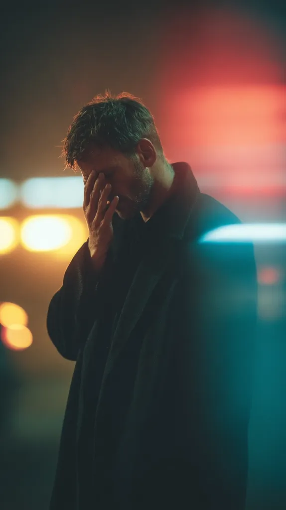 A man in a dark coat stands in a dimly lit urban setting, his hand covering his face.  Bokeh lights blur in the background, creating a moody atmosphere.  His posture suggests distress or contemplation. The image's color palette is dominated by dark tones with contrasting splashes of teal and red light. The overall feeling is one of somber loneliness.
