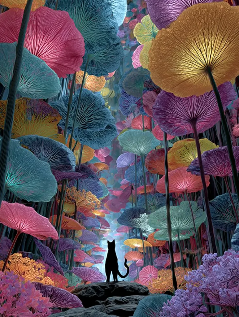 A black cat sits silhouetted in the center of a path winding through a surreal forest.  Towering, vibrant, oversized flora resembling colorful mushrooms or water lilies in various shades of pink, purple, teal, and gold surround the cat, creating a dreamlike and fantastical atmosphere. The scene is richly detailed, with a focus on the intense colors and textures of the plants.