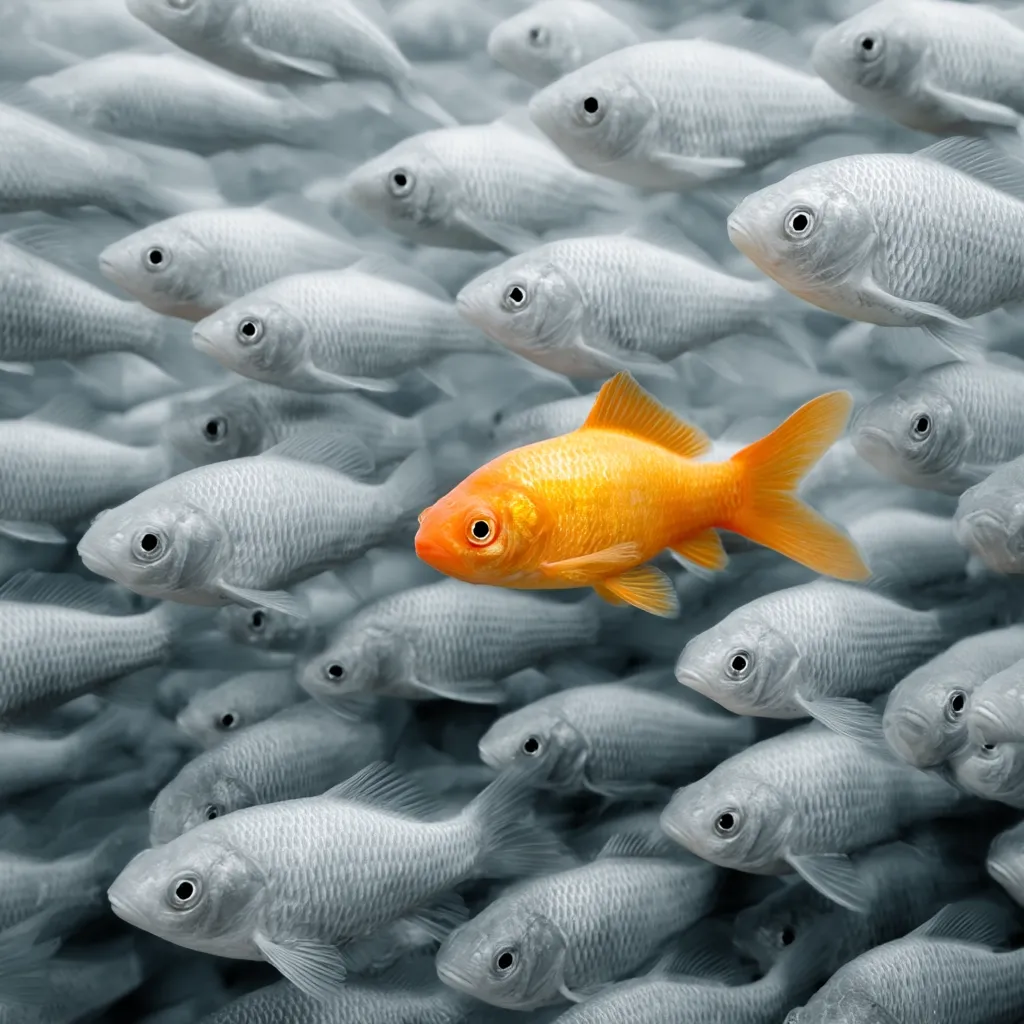A single vibrant orange goldfish stands out amidst a school of grayscale fish.  The contrasting color highlights the goldfish's uniqueness and individuality. The image suggests themes of standing out from the crowd, nonconformity, and being different. The muted tones of the surrounding fish emphasize the bright goldfish as the focal point.