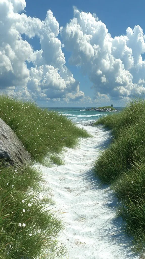 A sandy path winds through lush green beach grass, leading to a tranquil ocean scene under a bright, cloudy sky. Delicate white flowers dot the grass, adding to the serene beauty.  The path seems to invite a peaceful stroll towards a small island visible in the distance. The overall atmosphere is one of calm and natural beauty.