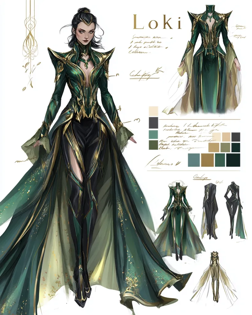 This concept art depicts Loki in an elegant, emerald green and gold gown. The design features a fitted bodice with intricate gold detailing, flowing sleeves, and a long, sweeping train adorned with gold accents.  Accompanying sketches show alternative outfit variations and color palettes, suggesting a regal and powerful aesthetic. The overall style is fantasy-inspired, showcasing a sophisticated and dramatic interpretation of the character.