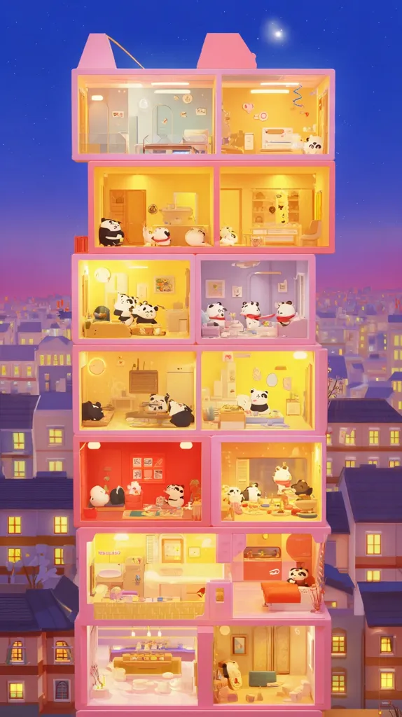 A whimsical illustration depicts a multi-story pink building, each floor revealing a meticulously designed room filled with adorable panda bears engaged in various activities. The building is situated against a backdrop of a charming cityscape under a twilight sky, creating a serene and heartwarming scene.  The style is reminiscent of a dollhouse, showing cozy interiors with warm lighting.
