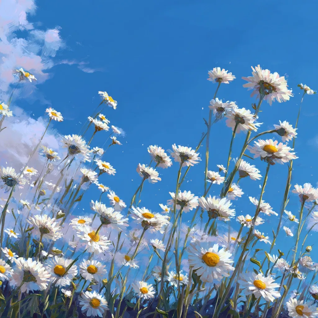 A vibrant painting depicts a field of daisies under a bright blue sky.  Numerous white daisies with yellow centers stretch towards the sky, their stems tall and slender.  Soft, fluffy clouds are visible in the upper left corner, adding to the idyllic, sunny atmosphere. The style is painterly, with visible brushstrokes contributing to a sense of movement and light.