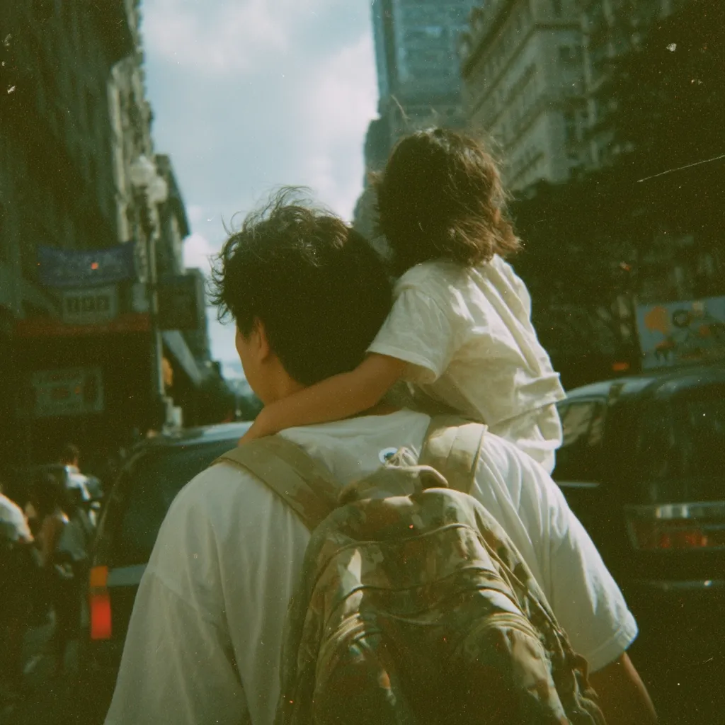A person with a backpack carries a young child on their shoulders amidst a bustling city street. The scene is captured with a vintage film aesthetic, showcasing a slightly blurred background of buildings and vehicles.  The child's arms are wrapped around the person's neck, suggesting a comfortable and affectionate moment. The overall tone is warm and nostalgic.
