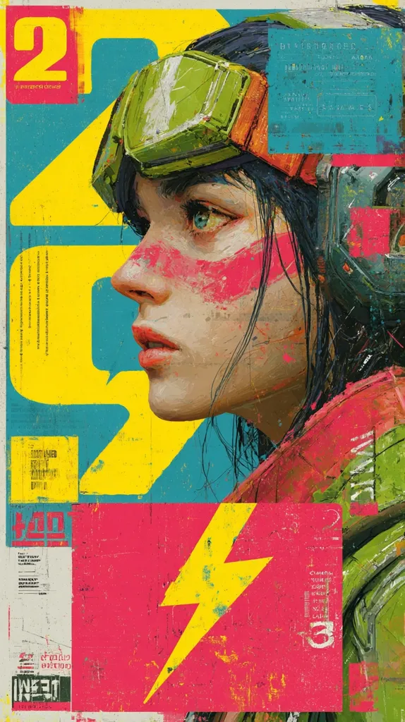 A vibrant, stylized portrait of a woman in futuristic goggles dominates the artwork.  Bold, graphic elements in yellow, pink, and teal create a dynamic collage effect.  Text is incorporated throughout, hinting at a title or narrative.  The overall style is a blend of graffiti art and digital painting, conveying energy and a cyberpunk aesthetic.  The woman's face is partially obscured by paint-like markings, adding to the artistic abstraction.
