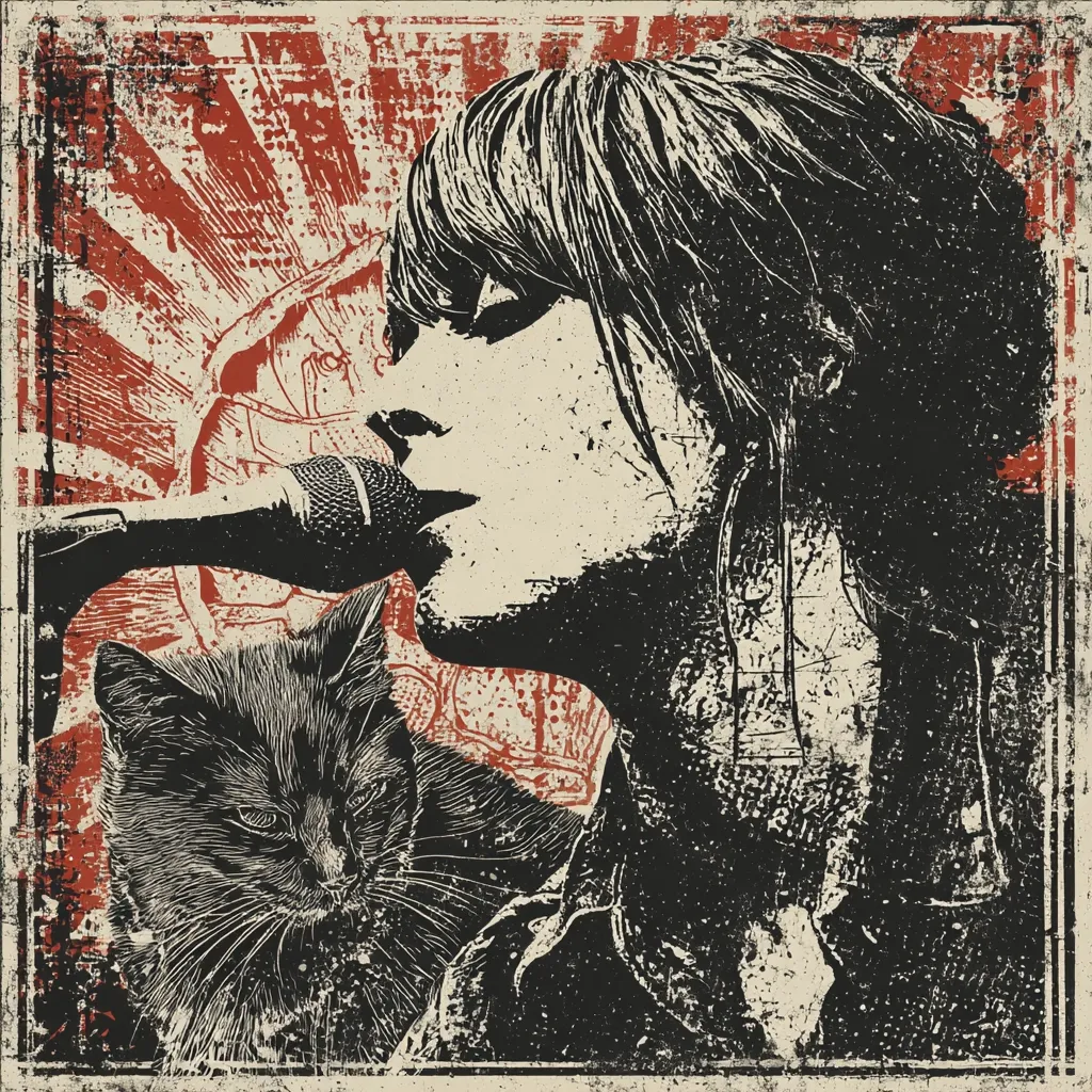 A stylized grunge-style poster depicts a woman singing into a microphone.  Her profile is prominent, framed by dark hair with bangs.  A black cat sits serenely beside her, adding a touch of contrast.  The background features a bold, red sunburst pattern with distressed textures, creating a vintage aesthetic. The overall effect is raw and energetic.