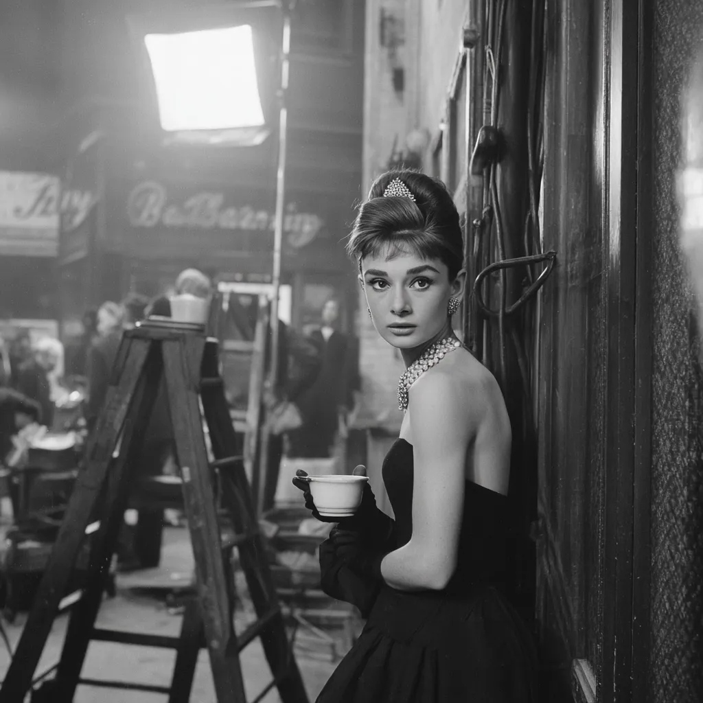 A black and white behind-the-scenes photo of Audrey Hepburn on the set of a film.  She is elegantly dressed in a black strapless gown, holding a small cup, and leaning against a wall.  Her iconic hairstyle and pearl necklace are visible.  The background shows a bustling film set with crew members and equipment.  The image captures a moment of quiet contemplation amidst the activity.