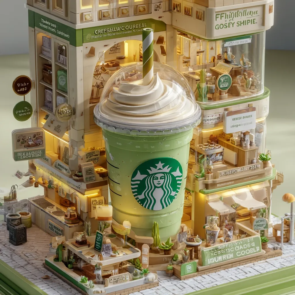 A meticulously crafted miniature diorama showcases a Starbucks matcha frappuccino as the centerpiece.  The detailed model depicts a charming multi-story building, complete with tiny shops, signage, and street details.  Warm lighting enhances the scene, creating a whimsical and inviting atmosphere. The Starbucks cup is oversized in proportion to the building, emphasizing its role as the focal point of this delightful miniature world.