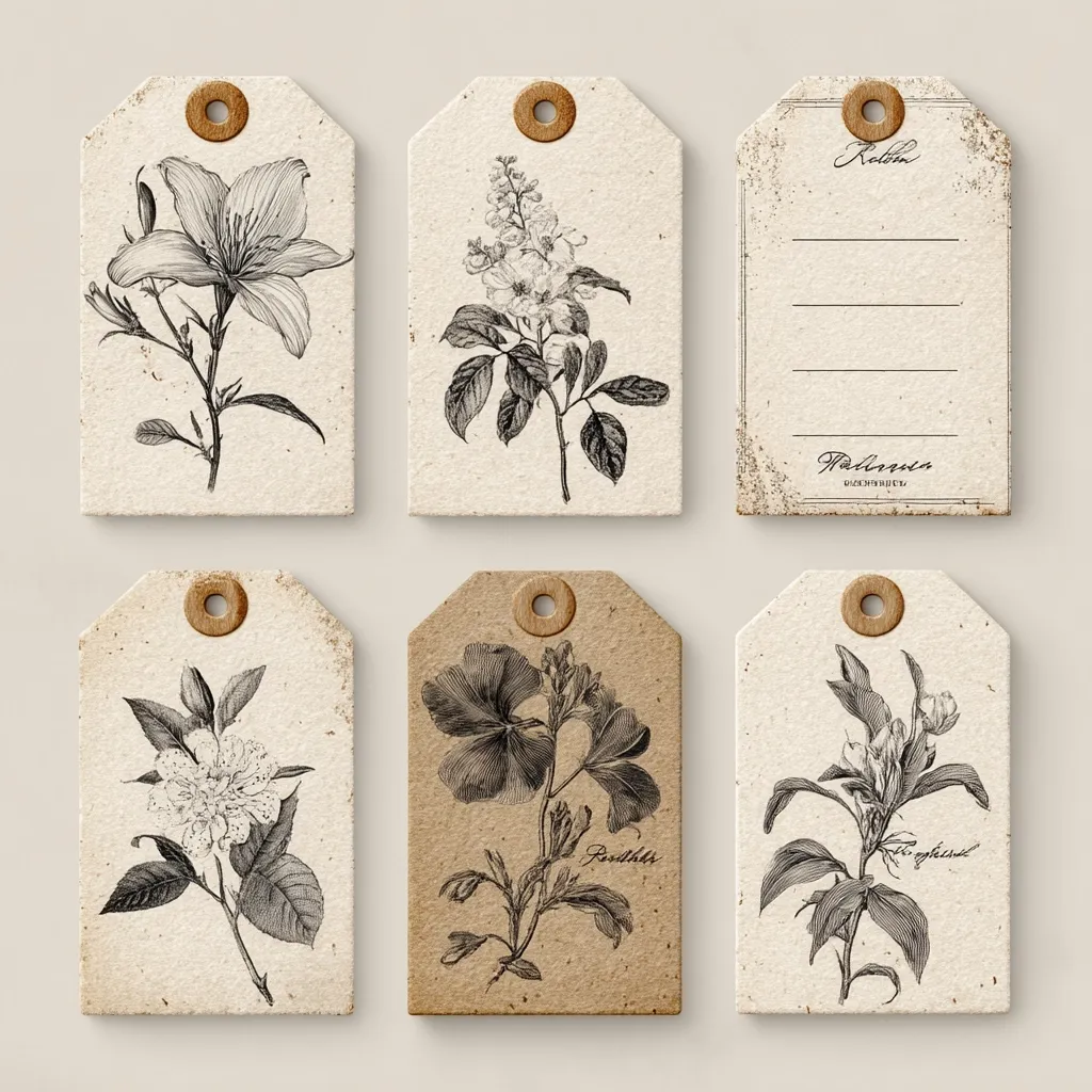 Six vintage-style gift tags feature detailed botanical illustrations.  Each tag showcases a different flower in monochrome ink drawings on a textured paper background.  The tags have a rustic, kraft paper feel, with wooden circle accents at the top.  Some tags include handwritten-style plant names, adding to their charming, antique aesthetic.  They are perfect for adding a touch of elegance to gifts or crafts.