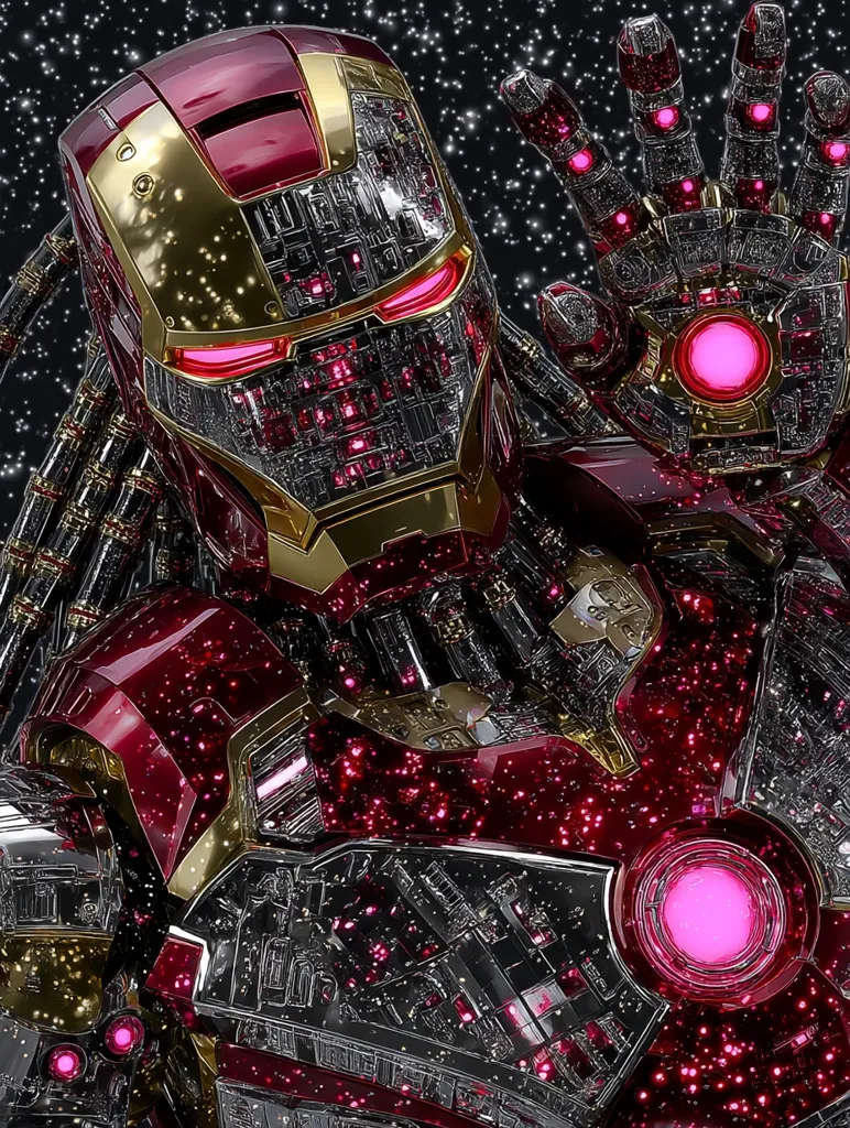 A detailed close-up of a futuristic Iron Man suit.  The armor is dark crimson and gold, with exposed circuitry and glowing pink accents.  Its design incorporates intricate mechanical details, resembling a complex internal system. The background is a dark, starry space. The suit's hand is raised in a wave-like gesture.  The overall aesthetic is both powerful and elegant.