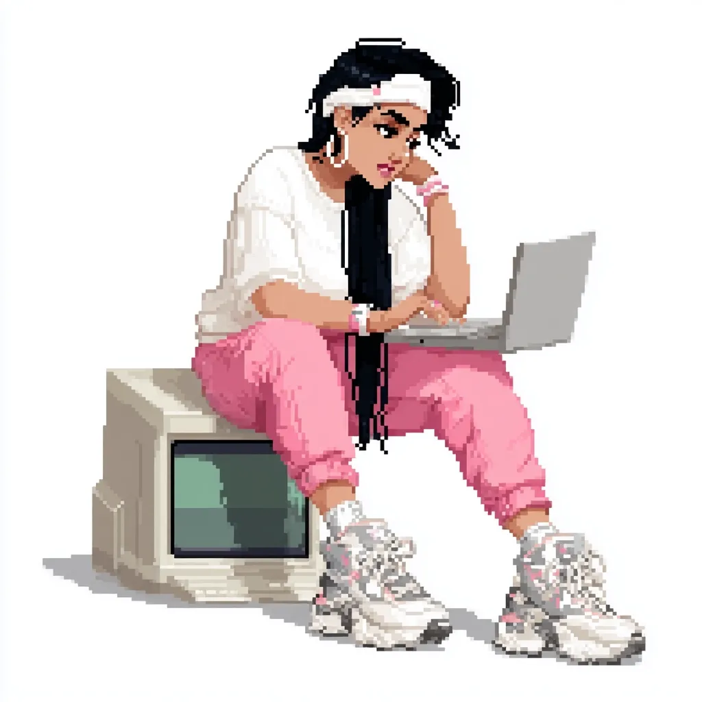 A pixel art illustration depicts a young woman with long black hair, wearing pink pants and a white shirt, sitting on an old beige computer.  She's using a silver laptop, looking thoughtfully down at the screen.  Her style is reminiscent of the 90s, featuring chunky sneakers and a headband. The overall aesthetic is retro and digital.