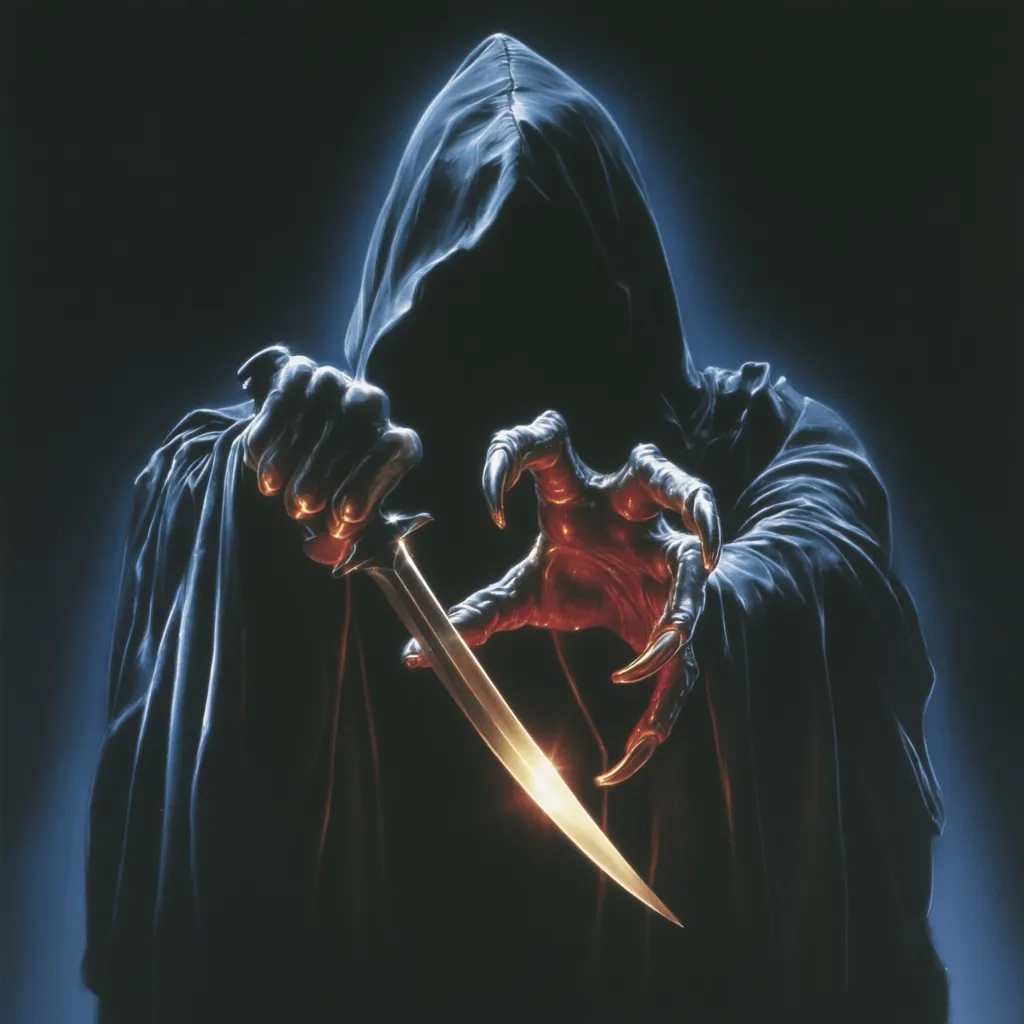A cloaked figure, shrouded in darkness, brandishes a gleaming dagger.  Its hand, revealed as clawed and sinister, grips the weapon with menacing intent.  The dark robe obscures the face, creating an aura of mystery and malevolence.  The overall image evokes a sense of impending threat and dark fantasy.