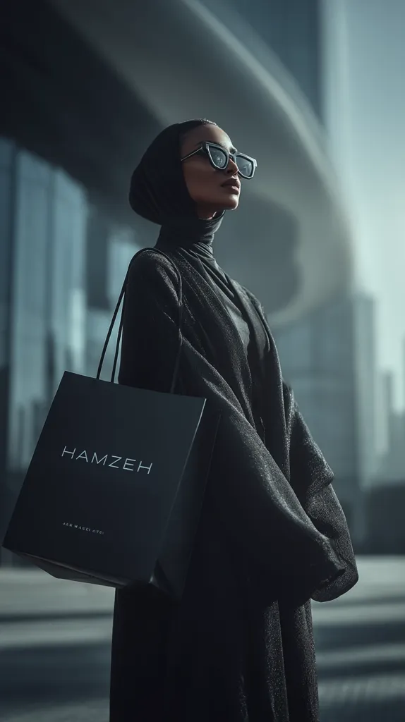 A stylishly dressed woman, wearing a black hijab and sunglasses, carries a Hamzeh shopping bag.  She stands against a backdrop of modern architecture, her pose suggesting confidence and sophistication. The monochromatic color scheme emphasizes the sleekness of her outfit and the urban setting. The image evokes a sense of contemporary fashion and urban lifestyle.