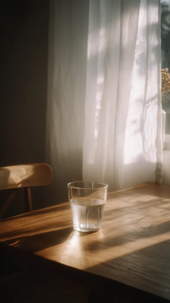 A glass of water sits on a wooden table bathed in sunlight streaming through a sheer curtain. The scene is minimalist and serene, with warm, natural light illuminating the table and the glass.  A wooden chair is partially visible in the background, adding to the overall calm and peaceful atmosphere. The contrast between light and shadow enhances the image's tranquility.