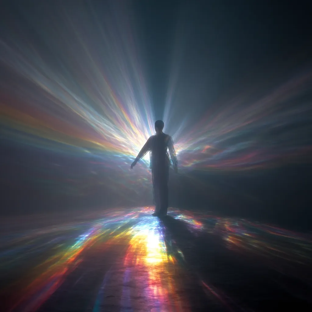 A solitary figure stands silhouetted against a radiant, colorful backdrop.  Intense beams of light, resembling a sunrise or celestial event, converge on the person, illuminating the ground in vibrant, iridescent hues. The scene evokes a feeling of transcendence, spiritual awakening, or a journey towards enlightenment.  The atmosphere is mystical and serene.