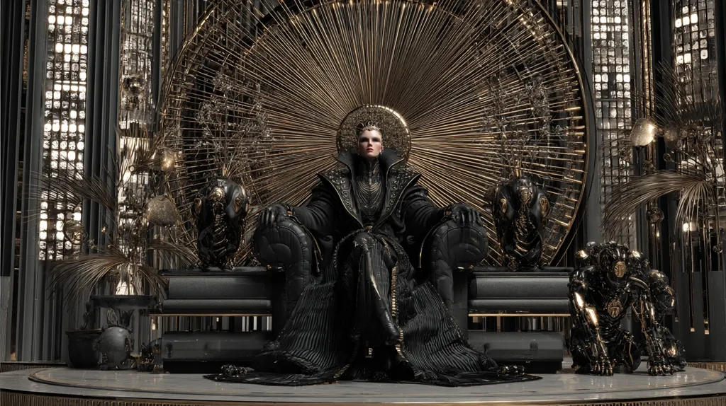 A regal figure, adorned in a black and gold robe, sits upon an ornate throne.  The throne is set within a lavish, dark and metallic room, featuring a large, sunburst-like backdrop.  Two robotic figures flank the throne, adding to the opulent and futuristic atmosphere. The overall aesthetic is one of dark luxury and technological sophistication.