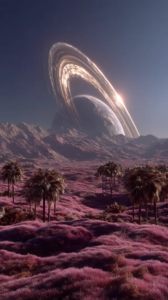 A digital artwork depicts a fantastical landscape.  A large planet with prominent rings dominates the background, its light illuminating a field of vibrant purple grass.  Palm trees are scattered across the undulating terrain, which is backed by purple-hued mountains under a clear, blue sky. The scene is surreal and otherworldly, suggesting an alien world.