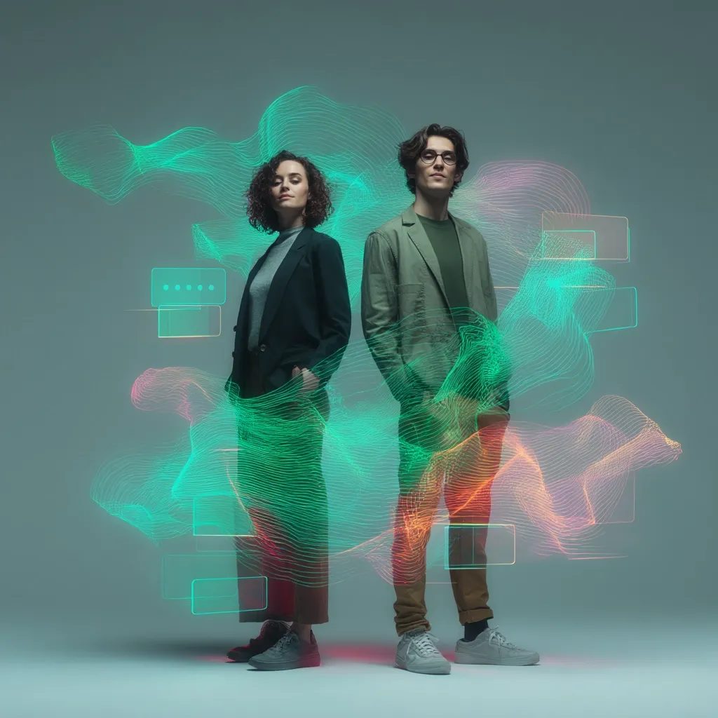 A man and woman stand confidently against a muted green background, enveloped by vibrant, flowing teal and orange digital lines and translucent rectangular UI elements.  They are dressed in stylish, modern attire, portraying a sense of technological proficiency and innovation.  The image suggests a concept of digital connection or data visualization.