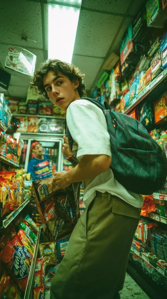 A young man with dark curly hair and a white t-shirt stands in a brightly lit convenience store aisle, glancing back over his shoulder. He carries a dark-green backpack and holds a bag of snacks. The store shelves are packed with colorful candy, chips, and other treats. A blurred figure is visible in the background.  The overall atmosphere is vibrant and slightly nostalgic.
