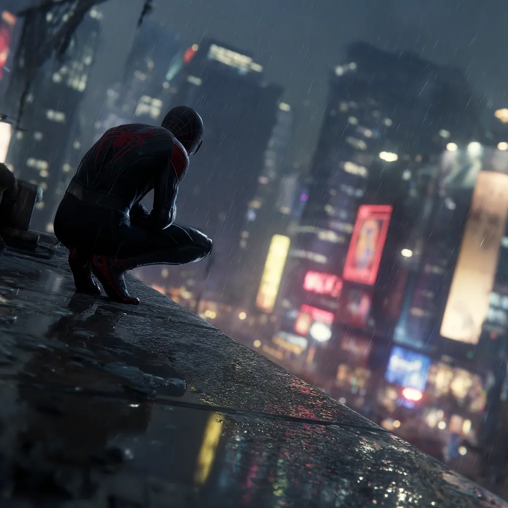 A rain-soaked cityscape stretches out before a crouching figure, clad in a black and red Spider-Man suit.  The superhero sits on a wet rooftop, his back to the camera, gazing out at the blurred lights of a city at night.  The atmosphere is somber and reflective, emphasizing the solitude of the iconic character.  Rain streaks down the buildings and reflects on the wet surface beneath him.