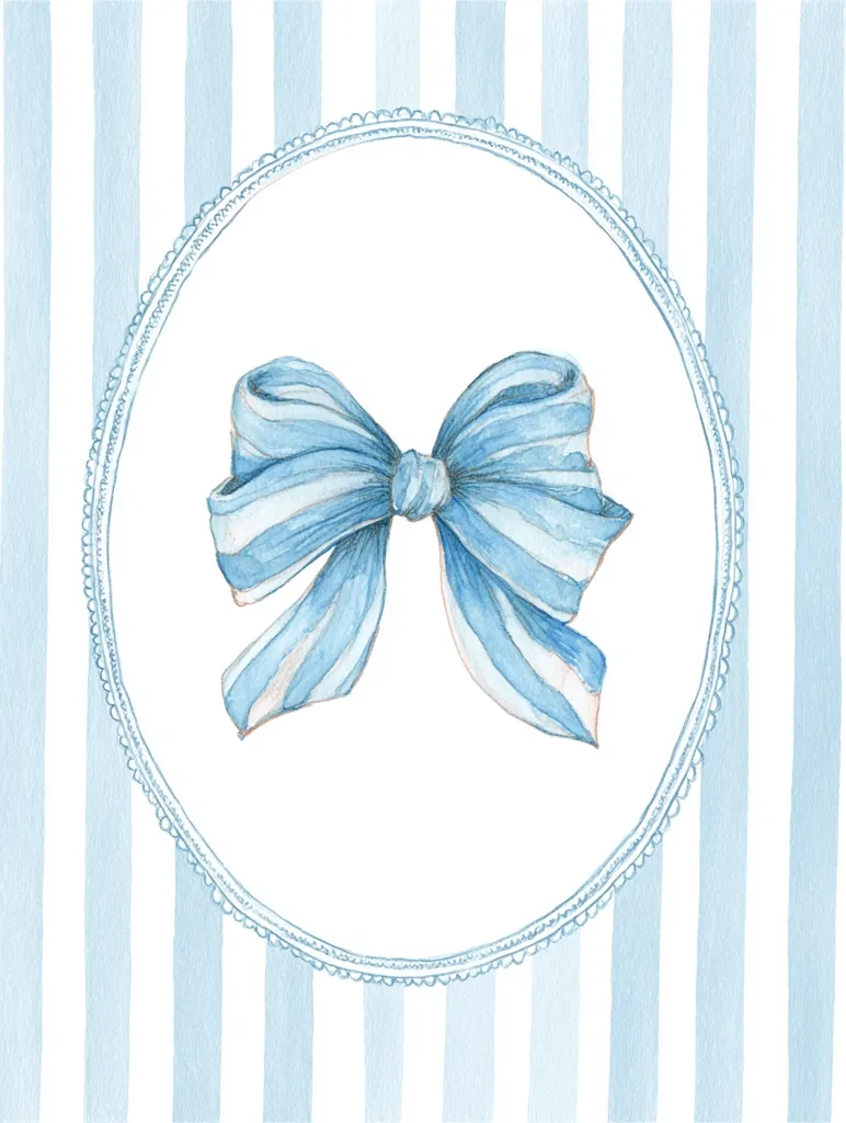 A watercolor illustration features a light blue striped background.  Centered is a circular frame with a delicate scalloped edge, enclosing a large, pale blue bow with subtle stripes. The bow is meticulously rendered, with soft shading conveying a sense of texture and depth. The overall style is delicate and evokes a feeling of elegance and simplicity.