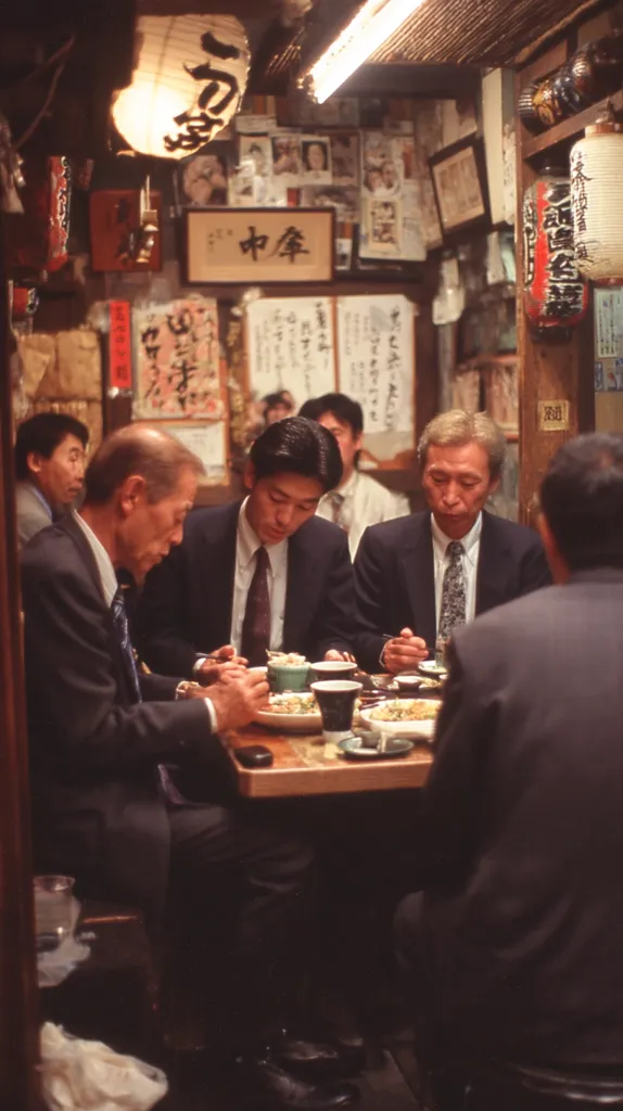 A dimly lit Japanese restaurant, crammed with photos and ephemera on the walls.  Several men in suits are seated at a low table, enjoying a meal.  The atmosphere is intimate and traditional, with lanterns hanging overhead.  The men appear to be engaged in conversation, and food is visible on the table.  The scene suggests a business lunch or a social gathering.