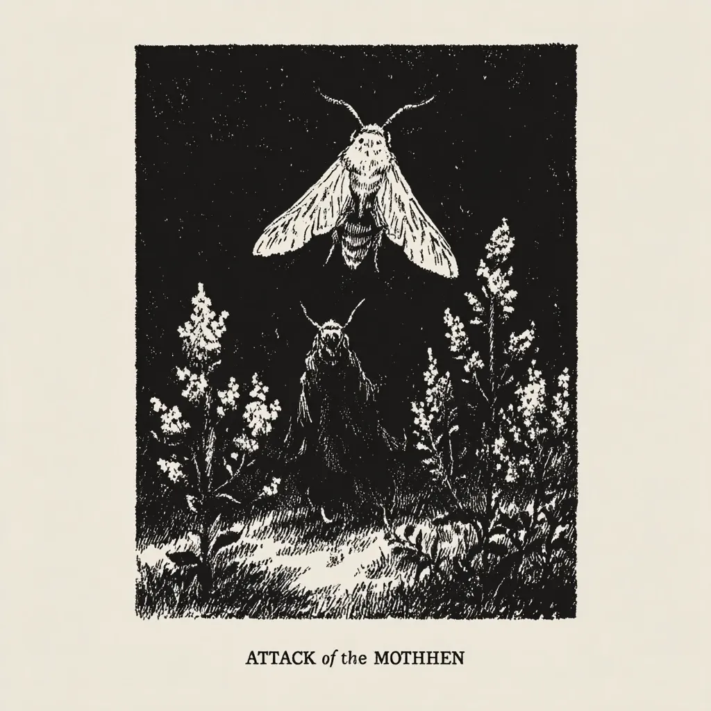 A black and white illustration titled "Attack of the Mothhen" depicts two large moths, one in flight above a smaller moth partially obscured by vegetation. The moths are rendered in stark white against a black background, creating a dramatic contrast. The scene is set in a field of flowering plants, adding a touch of natural detail to the eerie atmosphere. The overall style evokes a vintage, possibly gothic, aesthetic.