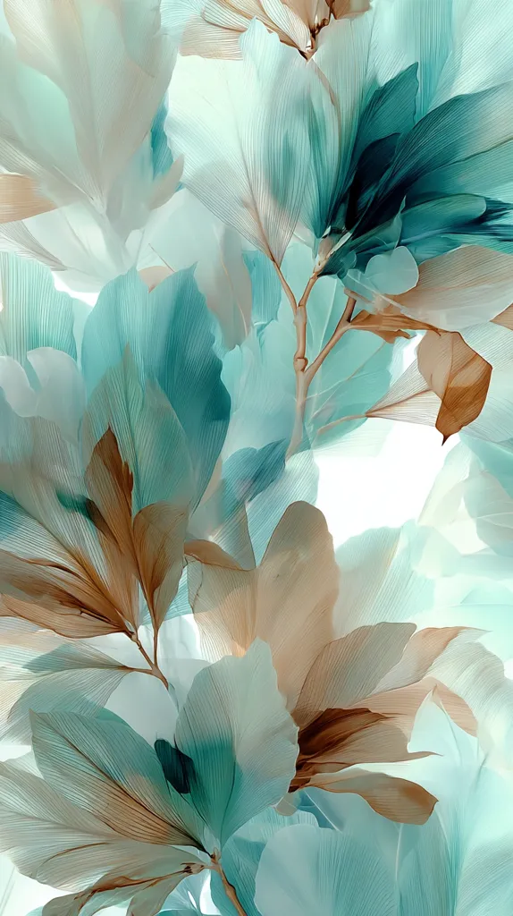 An abstract floral image showcasing delicate, translucent leaves in varying shades of teal, aqua, and beige.  The leaves overlap, creating depth and a sense of movement.  The soft, muted colors and ethereal quality evoke a feeling of serenity and tranquility.  The image is reminiscent of pressed flowers or botanical illustrations, with a dreamy, artistic style.