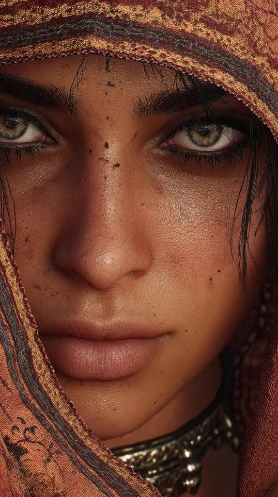 A close-up portrait of a woman with dark eyes and freckles, partially obscured by a patterned headscarf.  Her expression is serious, almost stoic. The image emphasizes the texture of her skin and the intricate detail of the fabric.  The lighting is warm, suggesting a desert or arid environment.  She wears a silver necklace. The overall effect is one of strength and resilience.