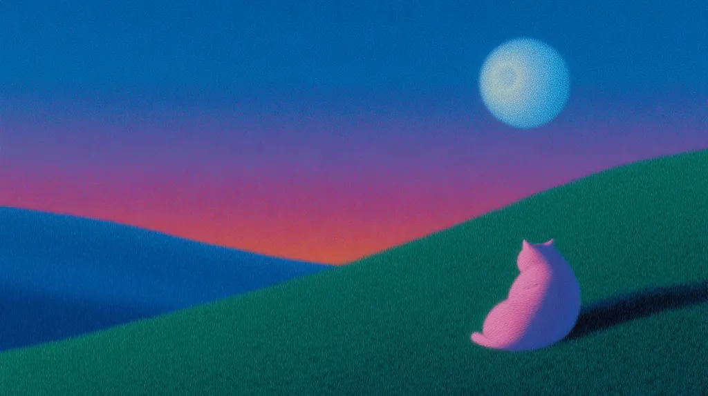 A stylized illustration depicts a pink cat seated on a verdant hill, gazing at a large, pale moon in a twilight sky.  The sky transitions from deep blue at the top to shades of purple, pink, and orange near the horizon.  The scene is serene and dreamlike, with a textured, almost pointillist style.  The cat's form is simple, contrasting with the detailed background.