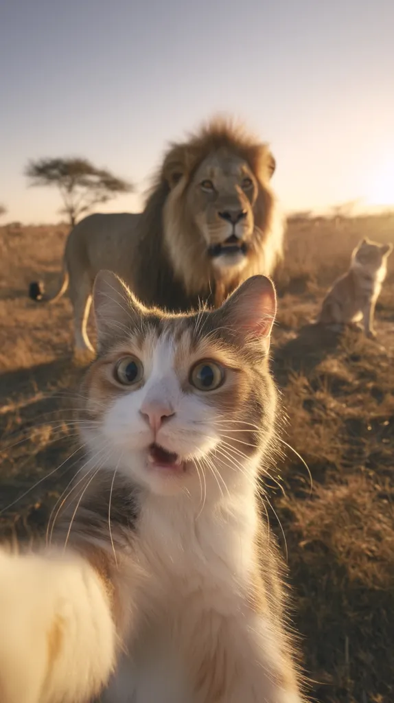 A calico cat takes a selfie with a majestic male lion in the background.  The setting sun casts a warm glow on the African savanna.  A smaller, lighter-colored cat is visible further back, adding to the unusual scene. The calico cat's surprised expression adds a humorous touch to the unexpected wildlife encounter.