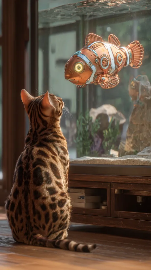 A Bengal cat sits on a hardwood floor, gazing intently at a large aquarium. Inside, a meticulously crafted steampunk-style robotic clownfish swims.  The fish is detailed with copper and white accents, resembling clockwork. The scene is bathed in warm, natural light, creating a captivating contrast between the organic cat and the artificial fish.